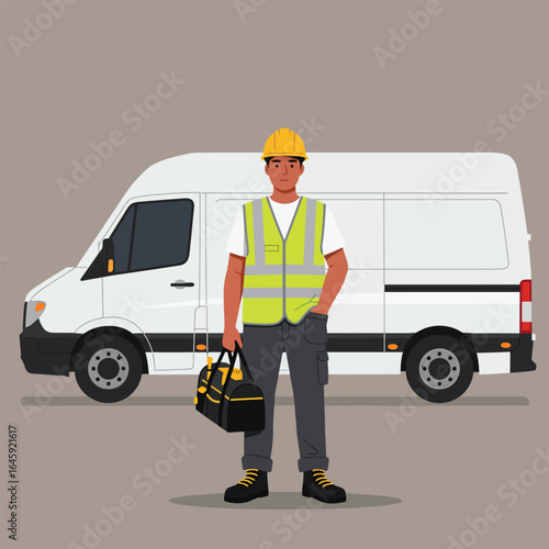 A construction worker in safety vest and helmet stands in front of a van, holding a toolbox, ready for a repair or maintenance job, vector illustration