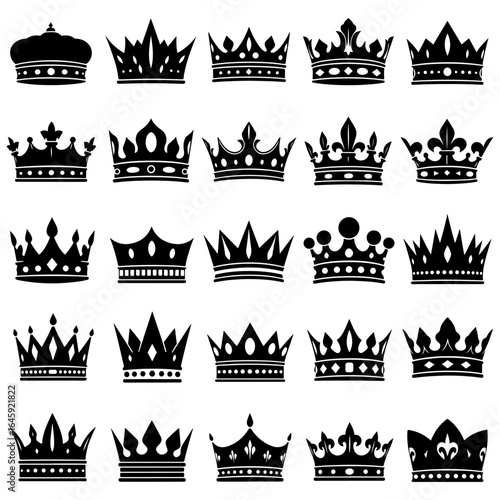 Collection of varied crown designs in black silhouette representing royalty power and historical significance
