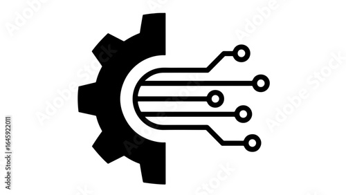 Illustration depicting a gear connected to a digital network representing technological advancement and industrial automation