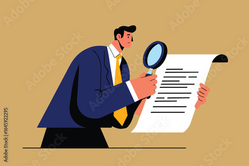 A Diligent Inspector Examining a Legal Document Closely with a Magnifying Glass for Errors and Omissions in a Formal Setting