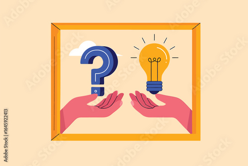 Conceptual Illustration of Problem Solving Hands Presenting a Question Mark and an Idea Represented by a Lightbulb Symbolizing Insight