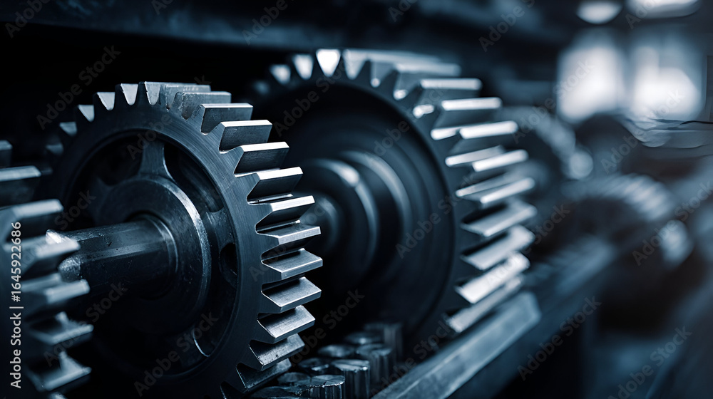 Close-up of Interlocking Metal Gears in a Dark Blue Industrial Setting Close-up of Interlocking Metal Gears in a Dark Blue Industrial Setting