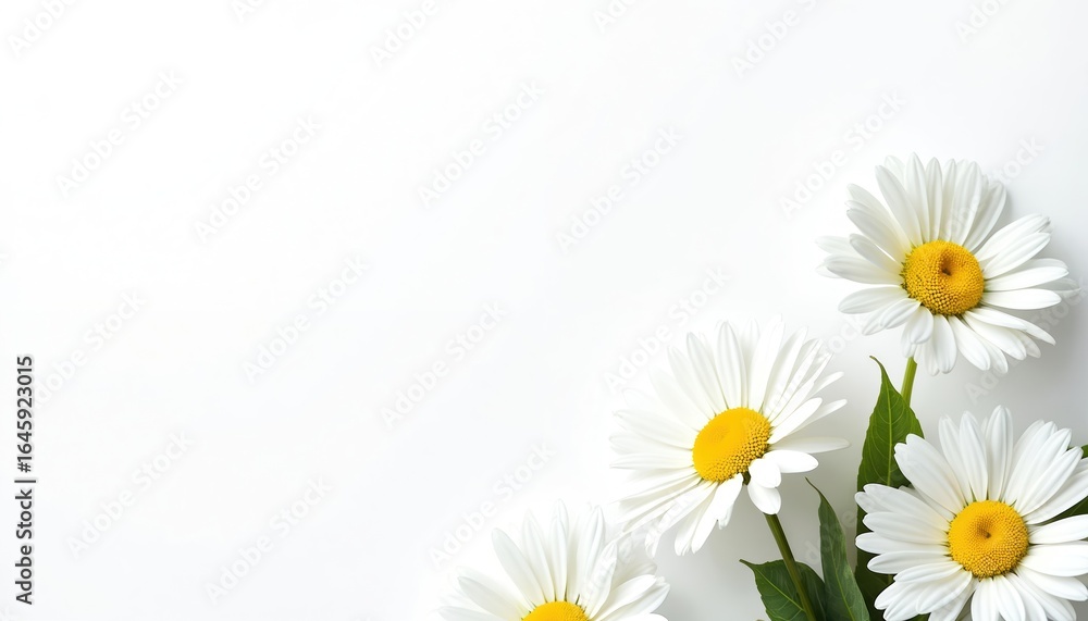 Fototapeta premium Minimalist arrangement of white daisies with yellow centers on clean white background. Generative AI image offers ample copy space for text. Floral design, nature elements.