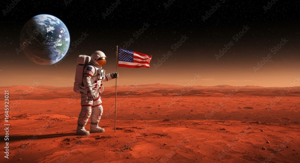 Naklejka premium Celestial Pioneer: An astronaut plants the nation's flag on a red, dusty planet, representing the spirit of discovery and space exploration.