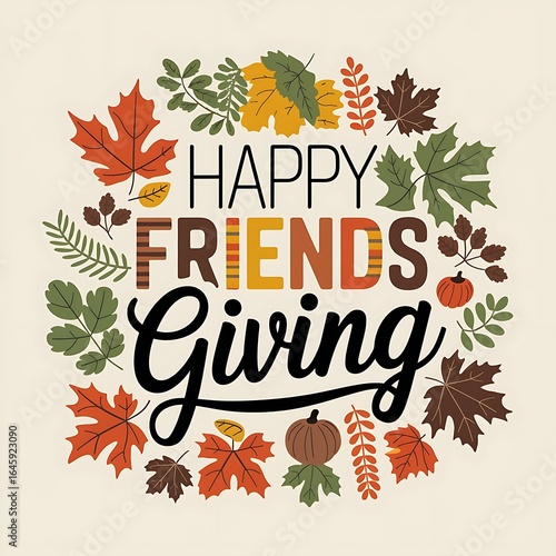 Happy friendsgiving lettering with colorful fall foliage, harvest pumpkins, and seasonal leaves, perfect autumn holiday greeting for november dinner parties, celebrations, and festive decorations