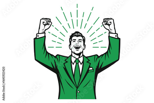 Triumphant Businessman Celebrating Success with Fists Raised High Expressing Joy and Accomplishment, Radiating Positive Energy and Enthusiasm in Green Suit