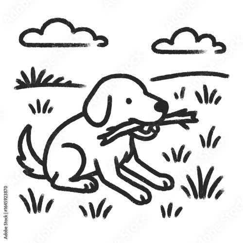 Dog playing with stick in grassy field under cloudy sky  