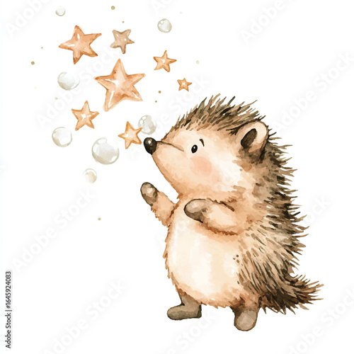Watercolor Hedgehog Gazing at Floating Stars and Bubbles with Upward Reach