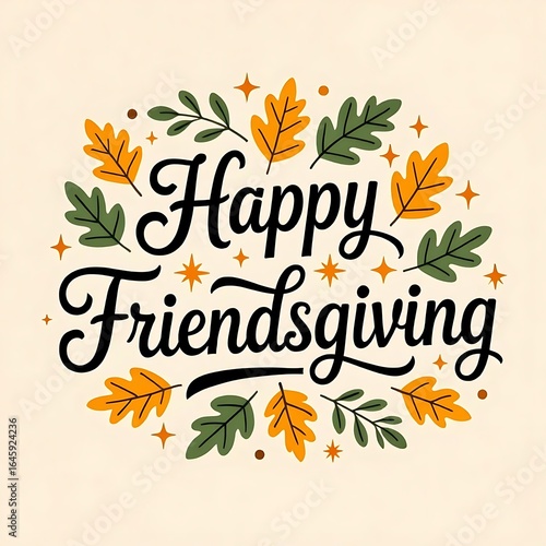 Friendsgiving holiday typography with elegant hand lettering, colorful autumn leaves, and festive decorative stars for seasonal greeting card, thanksgiving celebration, or fall harvest party design