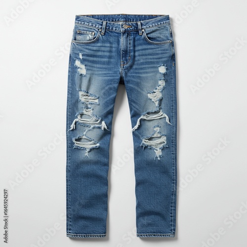 blue ripped jeans flat lay on white background