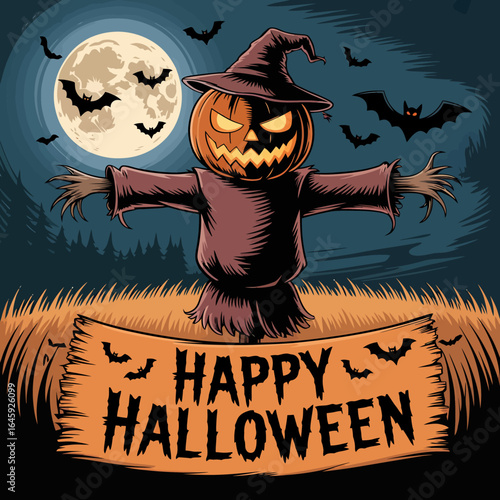 Spooky jack o lantern scarecrow under a full moon
