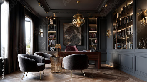 Dark Gray And Gold Luxury Home Office Interior Design