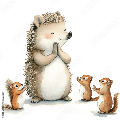 Watercolor Hedgehog with Praying Hands and Adoring Chipmunk Audience