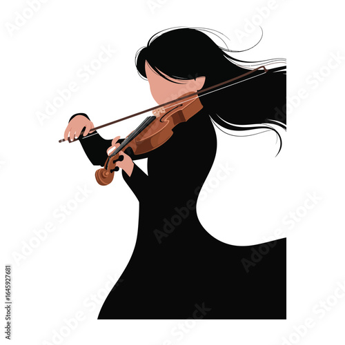 Silhouette of violinist playing with flowing hair in AI and EPS vector format isolated in black and white
