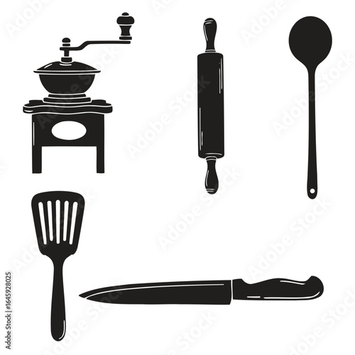 Vector art of kitchen utensils and tools including coffee grinder, rolling pin, spoon, spatula, and knife isolated on white background