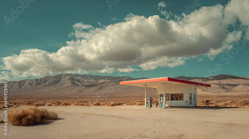 Red and White Gas Station in a Desert Landscape