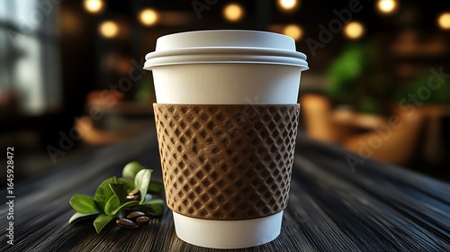 A disposable coffee cup with a sleeve on a wooden surface