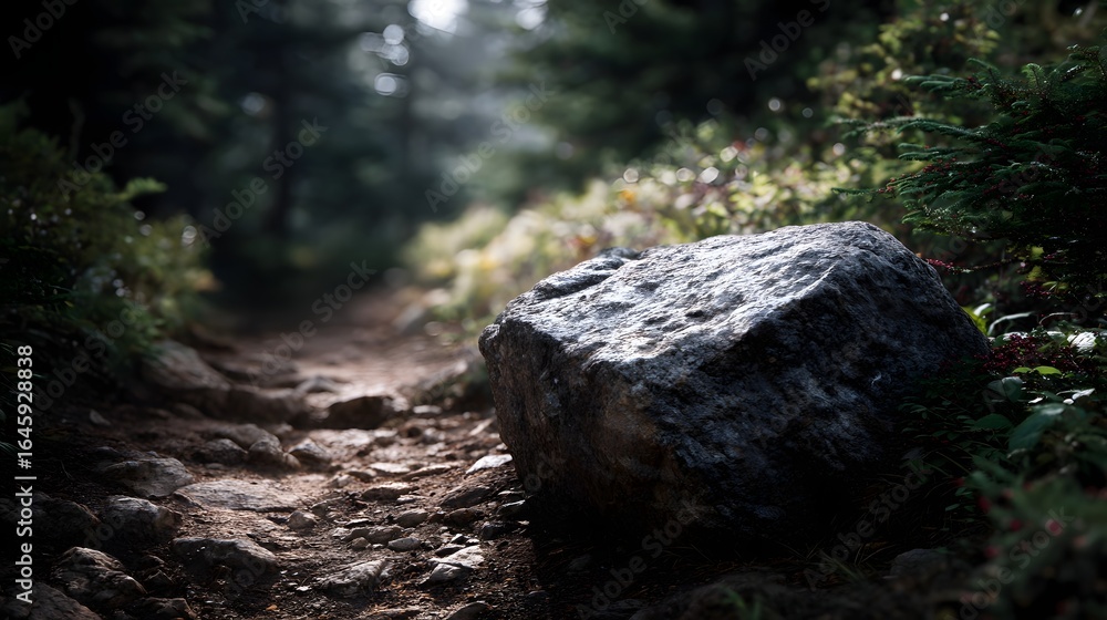 Obraz premium Large rock on a remote mountain trail with natural lighting