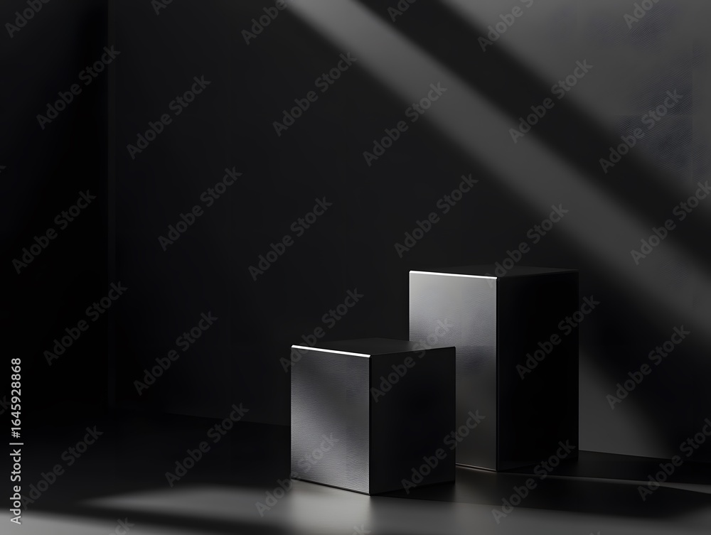 Fototapeta premium Minimalist black background for product display, with two square shapes in front and behind