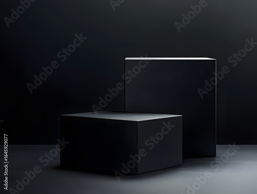 Minimalist black background for product display, with two square shapes in front and behind