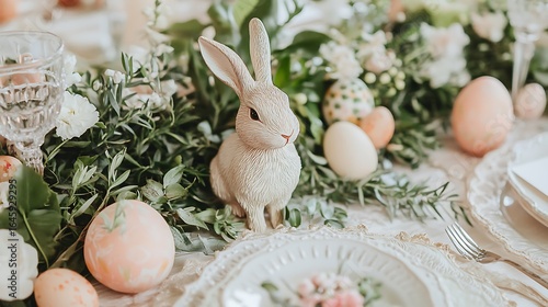 A decorative table centerpiece with an Easter bunny and eggs