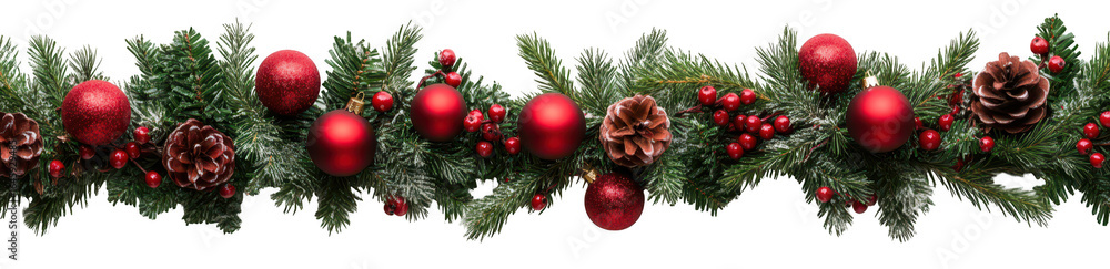 Fototapeta premium Christmas garland with red ornaments, berries, pinecones, and fir branches isolated on transparent background