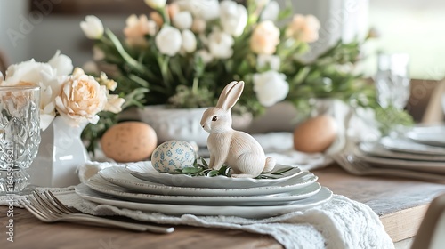 A decorated table setting featuring a rabbit and spring flowers