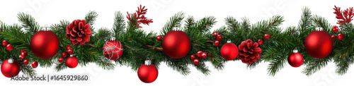 Festive christmas garland with red baubles and pinecones isolated on transparent background