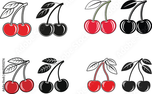 Set of four hand drawn cherry illustrations in red and black colors