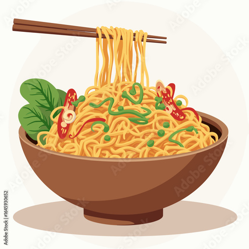 Bowl of fried noodles with vegetables and chopsticks in asian style  