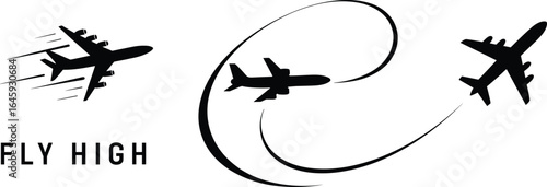 Three black silhouette airplanes flying with motion lines and swoosh trails on white background aircraft