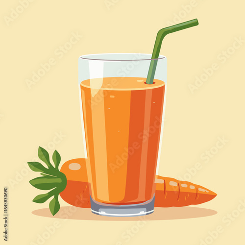 Fresh carrot juice in glass with straw and carrot on yellow background  