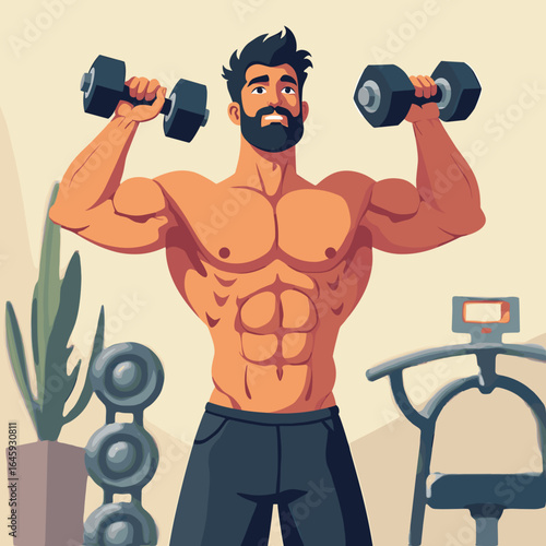 Man lifting dumbbells with strong physique in home gym setting  