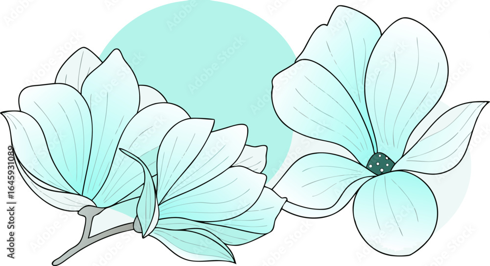 Fototapeta premium blue magnolia flowers line art isolated on white background. Luxury magnolia floral design elements for invitation, wedding, vector.Generative AI
