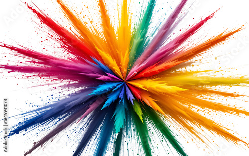 Abstract radial explosion of vibrant multi-colored powder. A dynamic burst of pigments against a clean white background, symbolizing energy and creativity.