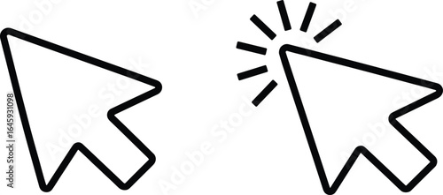 Two black computer mouse cursors one active with radiating lines pointer click