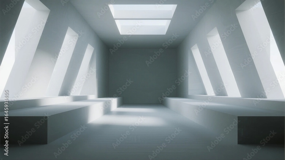Obraz premium A minimalist white room features geometric benches, a central skylight, and abundant natural light creating a serene, modern space.