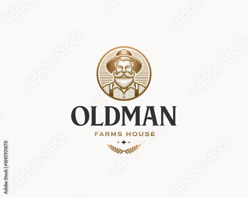 farmer old man with smile wearing hat logo template for bakery, farm, business brand