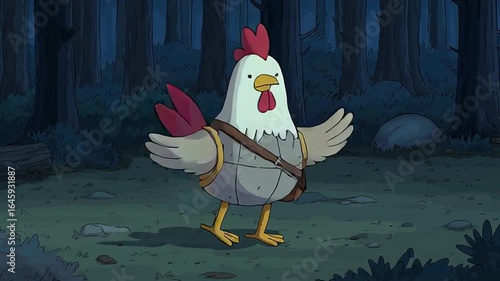 Cartoon Chicken Character in Forest with Playful Expression and Wings