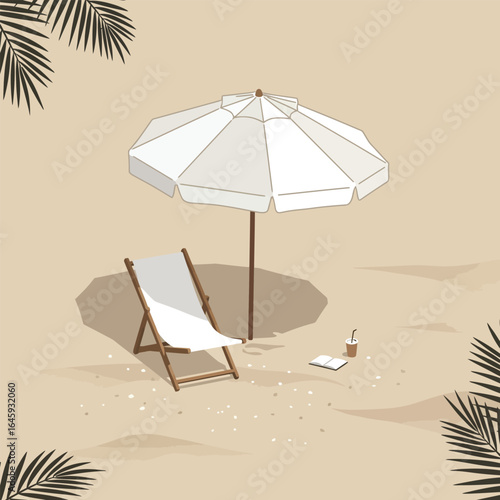 A serene beach scene with an umbrella, chair, and drink, inviting relaxation and escape on a tropical summer vacation