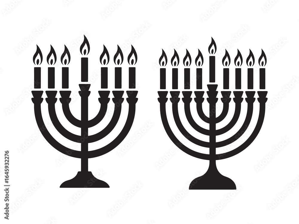 Vector graphic set of Jewish candelabras, including a seven-branch menorah and a nine-branch hanukkiah for Hanukkah celebrations. Flat black icon illustration. Vector graphic set of Jewish candelabras, including a seven-branch menorah and a nine-branch hanukkiah for Hanukkah celebrations. Flat black icon illustration.