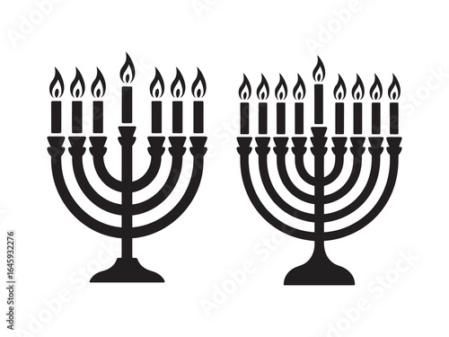 Vector graphic set of Jewish candelabras, including a seven-branch menorah and a nine-branch hanukkiah for Hanukkah celebrations. Flat black icon illustration.