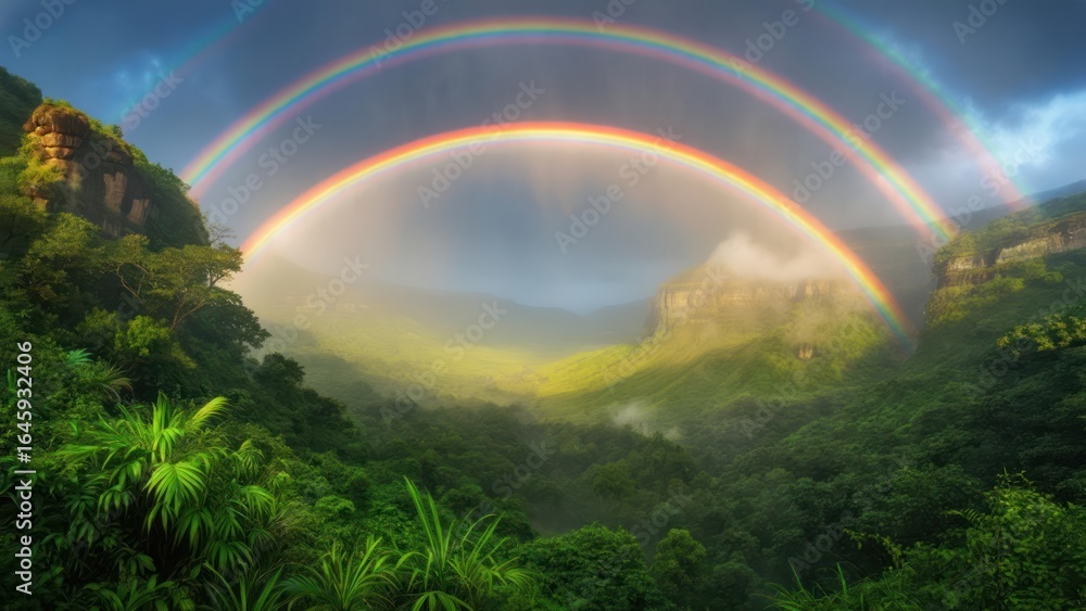 Obraz premium Spectacular Double Rainbow Frames a Sunlit, Mist-Filled Jungle Valley