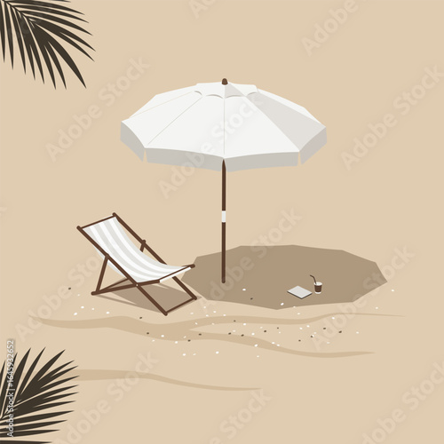 A serene beach scene with an umbrella, chair, and drink, inviting relaxation and escape on a tropical summer vacation