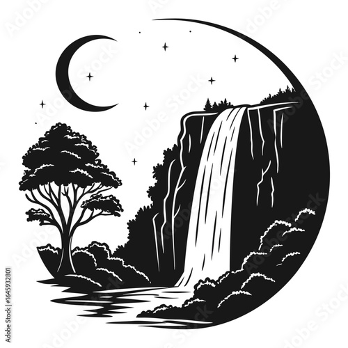 Moonlit waterfall silhouette