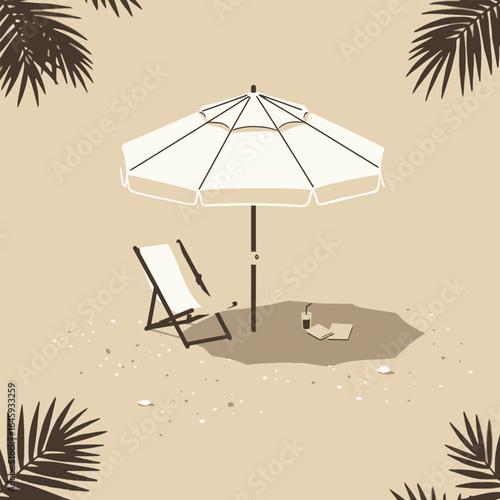 A serene beach scene with an umbrella, chair, and drink, inviting relaxation and escape on a tropical summer vacation