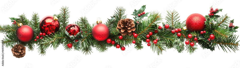 Fototapeta premium Christmas garland decoration with red baubles, pinecones and berries isolated on transparent background
