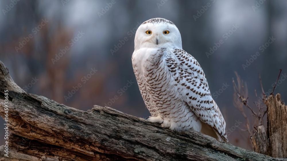 Fototapeta premium Snowy owl perched on log