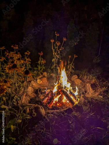 Dramatic campfire flames illuminating darkness with glowing embers and sparks flying upward