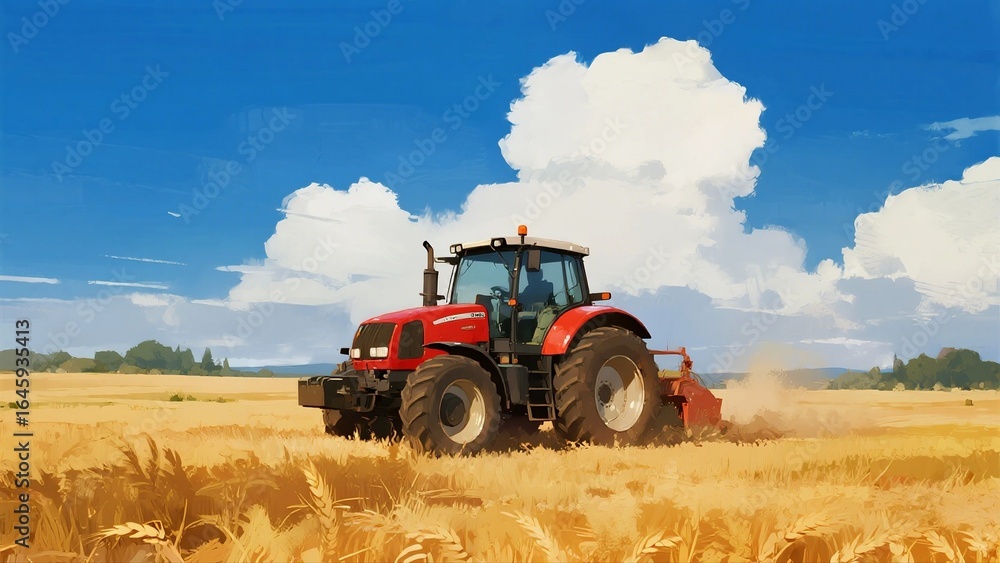 A red tractor works in a golden wheat field, plowing the land under a clear blue sky with white clouds. A red tractor works in a golden wheat field, plowing the land under a clear blue sky with white clouds.